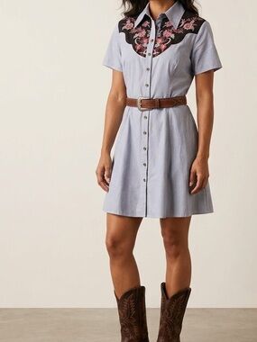 Boozelele western floral button down short sleeve mini dress